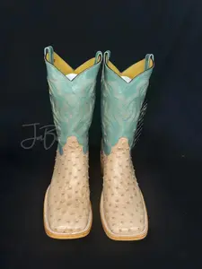 Ostrich Tan Bruciato Bulldog Toe Boots with Turquoise Embroidered Design & 2 Welt Seams Men’s boot