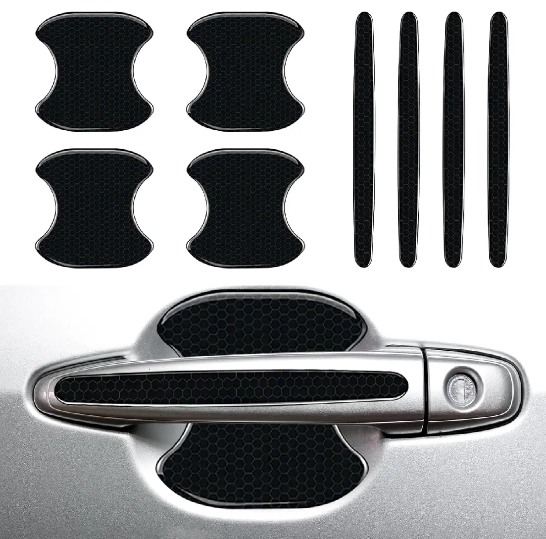 8PCS Car Door Handle Cup Scratch Protector Reflective Sticker, Self-Adhesive Traceless Auto Handle Paint Guard Cover, Universal Anti-Scratch Vehicle Door Protective Decoration Sticker (Black)