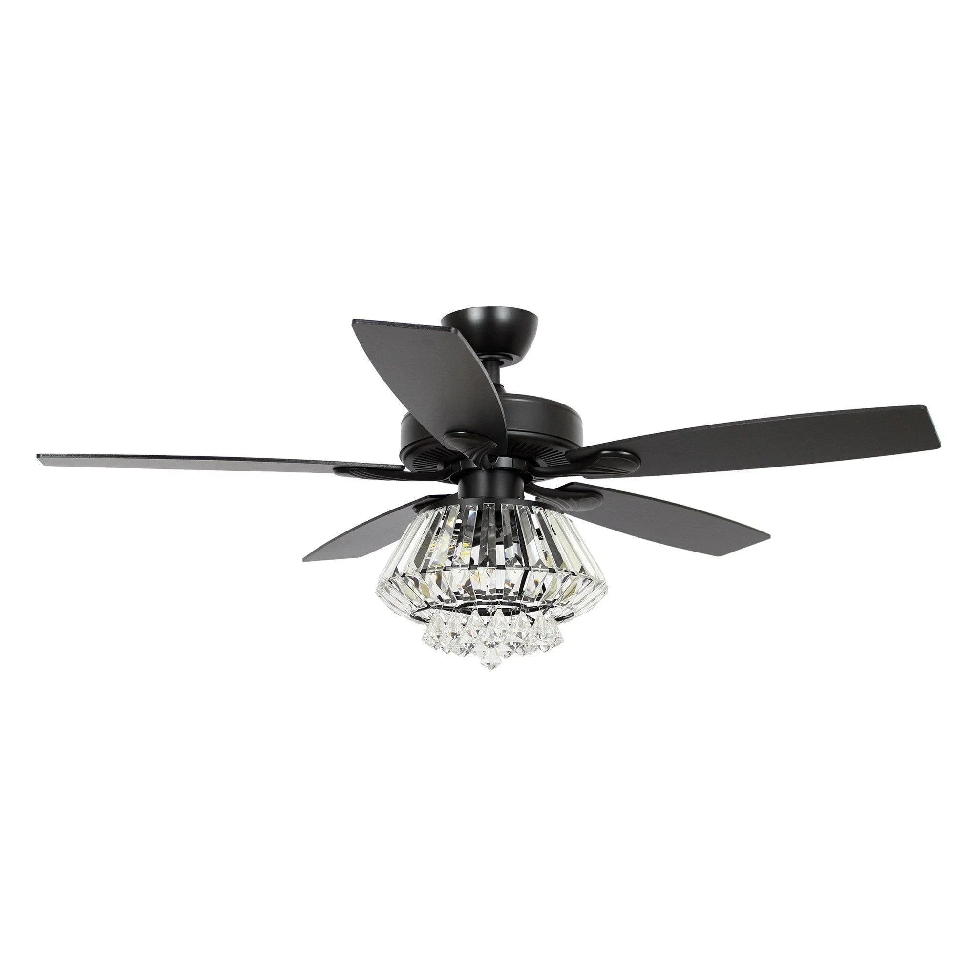 52" Kerala Modern Chrome Crystal Ceiling Fan, Downrod Mount, Reversible Blades with LED Light & Remote Control
