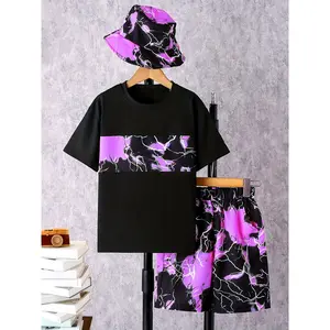 2pcs Boys Marble Print Casual Loose T-shirt & Elastic Waist Shorts, Summer Kids Outfits for Daily & Outdoor Wear, Hat Not Included