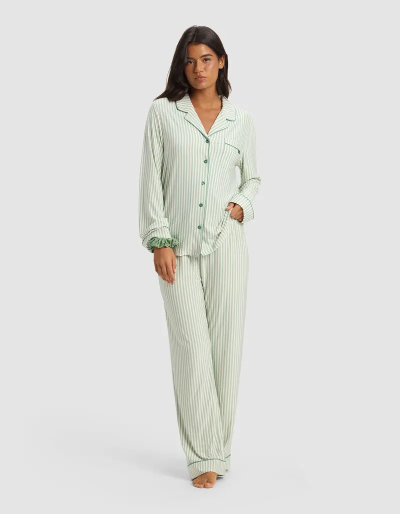 Women's Bamboo Stretch-Knit Long Sleeve Pajama Set - Market Stripe in Divi Green
