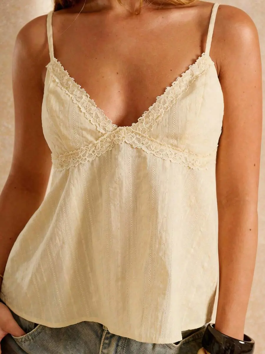 Women's Linen Camisole - Contrast Lace Spaghetti Strap Slim-Fitting Tank Top for Beach Vacation