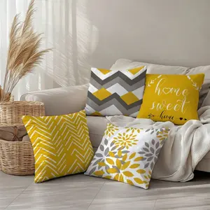 4pcs Simple Daily Yellow Geometric "Home Sweet" Pillow Covers, Single-Sided Soft Peach Velvet Fabric, 45*45cm/50*50cm/40*40cm Cushion Covers For Indoor Decor, Party, Gift