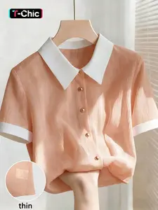 Women's Contrast Collar Crinkled Textured Fitted Blouse Shirt, Pointed Lapel, Short Sleeves, Front Gold-Tone Button Placket, Breathable Draping Woven Fabric, Daily Casual Office Commute Date Wear, Commuter Style, Button Fastening Tops, Tops Womenswear