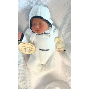 Cable Knit Suspenders Style With Ruffle Collar Baby Knitted Romper in White and Navy Blue