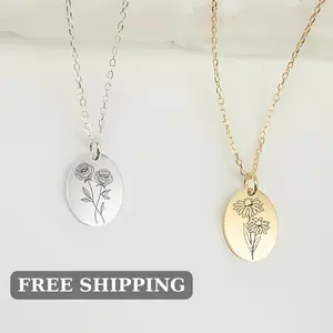 AlaraJewelryDesigns Daily Birth Flower Necklace - Custom Engraved Floral Pendant for Sensitive Skin - Hypoallergenic Waterproof Gift for Her - 18 Inch Stainless Steel Chain