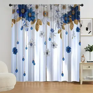 2D Flat Print Curtain Set, 2 Pieces, Multicolor Floral Blue Gem Design, Background, Digital Print, Rod Pocket, Privacy Protection, Home Decoration Curtain