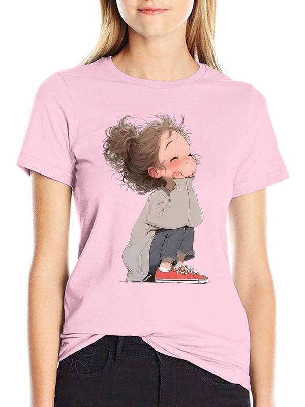Women's Cotton Graphic T-Shirt - Crew Neck, Short Sleeve, Breathable Fabric, Minimalist Aesthetic, Anime Girl Messy Bun Squatting Print, Fitted Casual Kawaii Top for Halloween