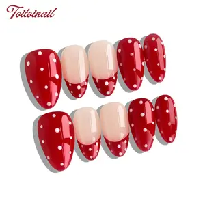 Red Dot Cream Handmade Press-On Nails | Short Almond Shape, 10pcs | Red Base with White Polka Dots & Nude White French Tips | Retro Fresh Aesthetic | Daily Casual Wear, Reusable False Nails