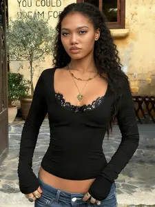 Street Style Casual Tight Fit Lace Patchwork Long Sleeve Top, Basic Bow Design Retro Y2K Aesthetic Spring New T-Shirt for Girls Streetwear Womenswear Lady