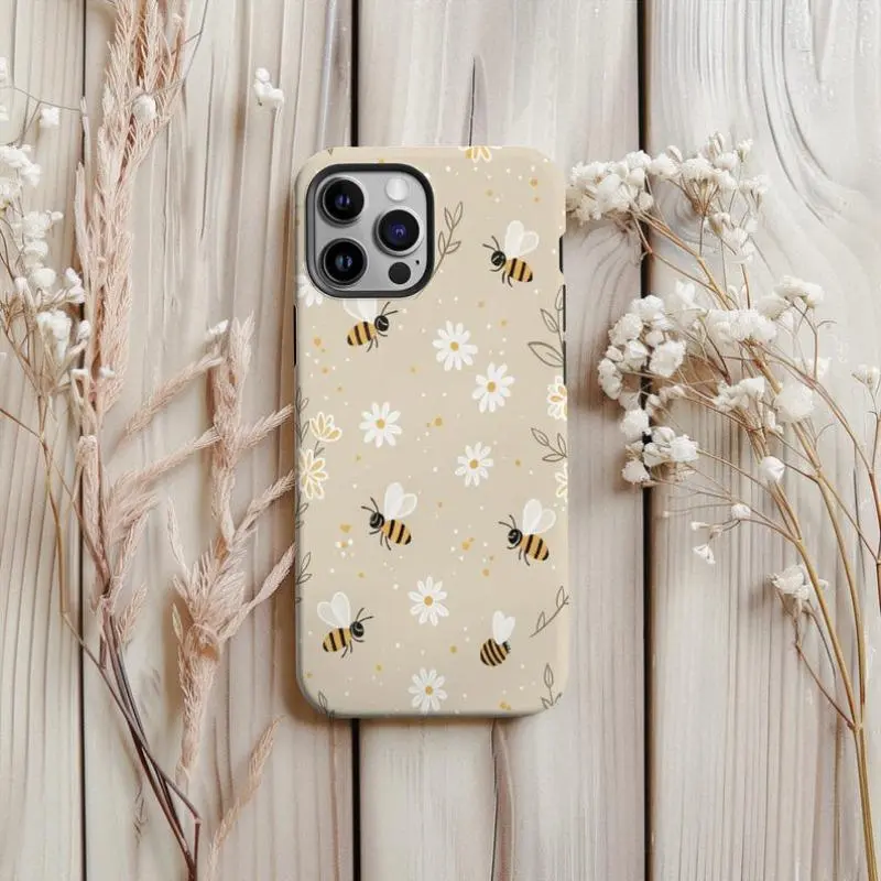Aesthetic Beige Bee & Daisy Floral Printed Shock-Absorbent TPU-Polycarbonate Dual-Layer Durable Smartphone Case - Shell, Cover with Camera Protection, Raised Bezels, Standard Edition for iPhone 11,12,13,14,15 Pro,16,17 Pro Max Plus Cellphone Accessories