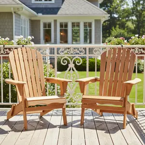 Adirondack Chair Set of 2, Oversize Wooden Outdoor Folding Chair with Pre-Assembled BackRest & SeatBoard, Wood Patio Chair for Garden Backyard Porch Pool Deck Firepit, Light Brown