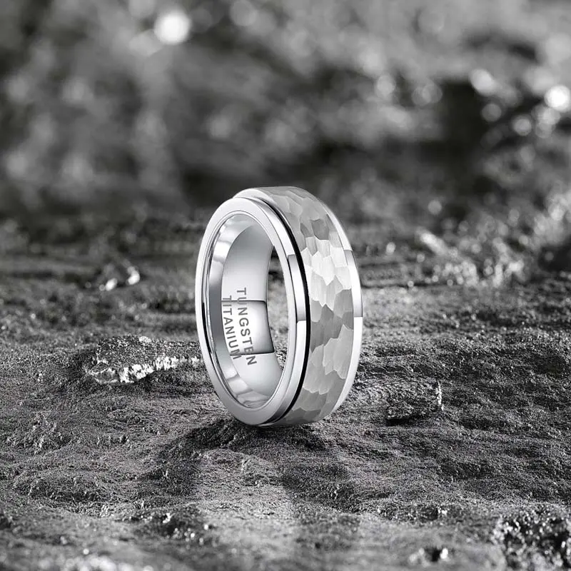 Men's 8mm Hammered Tungsten Spinner Ring, Rotatable Comfort Fit Band with High Durability, Scratchproof for Wedding & Daily Wear, Tungsten Rings, Textured