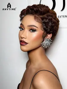 Anytime Wigs Short Curly Pixie Wig, Full Machine Made Human Hair, Short Layered Curly, Pre-Plucked Deep Wave, Natural for Women, Pixie Cut Wig