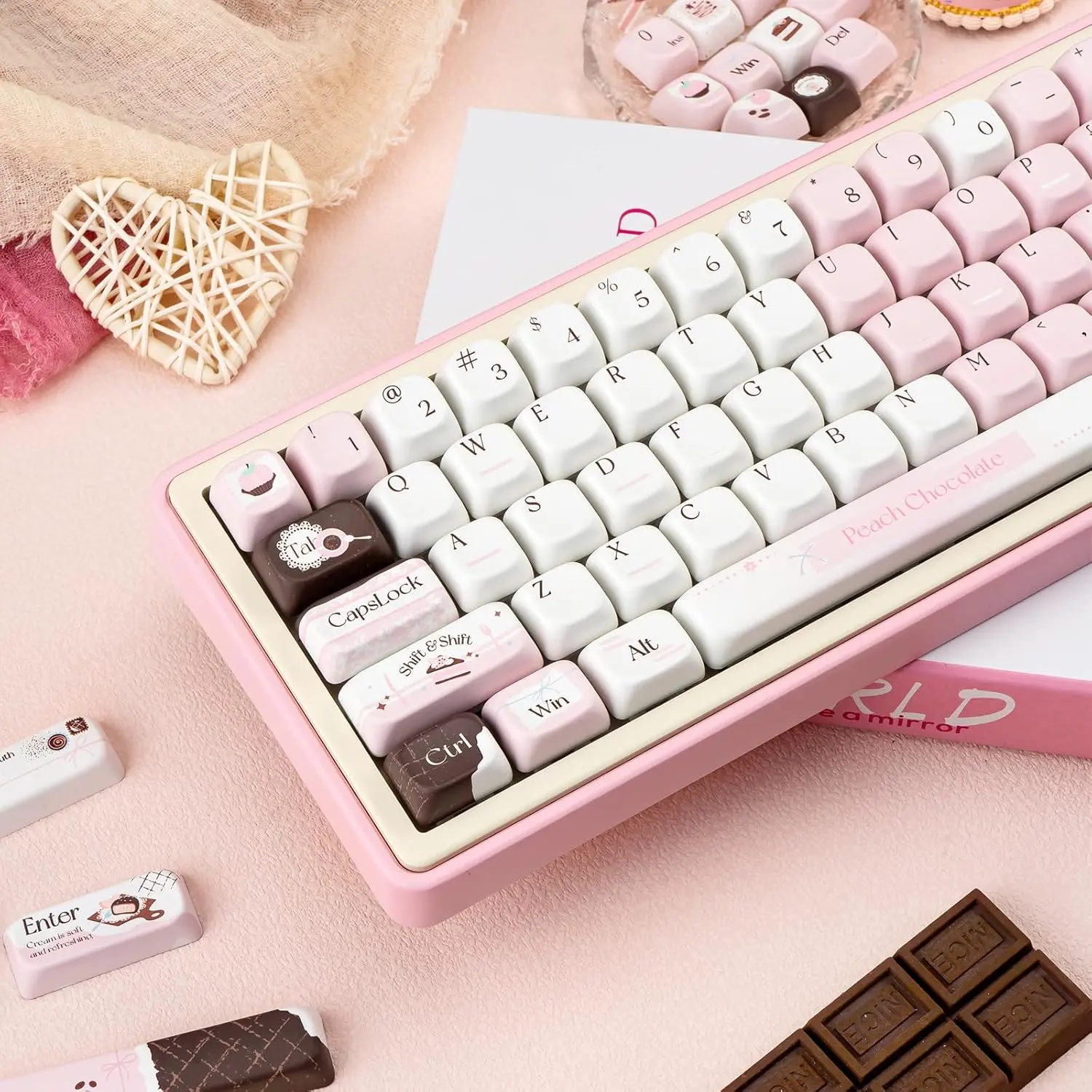 Cute MOA Profile Custom Keyboard Caps, 130-Key Pink White Chocolate Themed PBT Dye-Sublimation Keycaps, Compatible with Cherry & Gateron MX Switches, DIY Replacement for Mechanical Gaming creamy Keyboards (Summervibes)