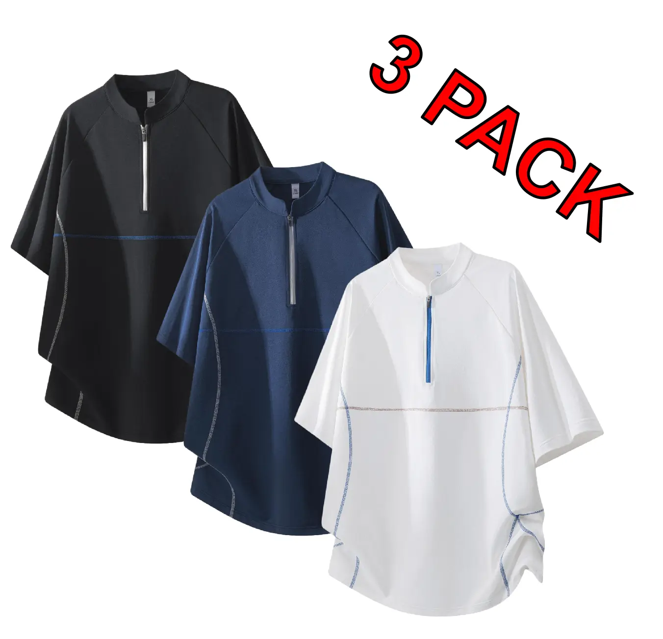 Men's 3-Pack Short-Sleeve Raglan T-Shirts - Menswear, Half-Zip, Contrast Stitching, Lightweight, Breathable Fit, Minimalist Casual Tops for Summer, Outdoor Activities (Multiple Colors)