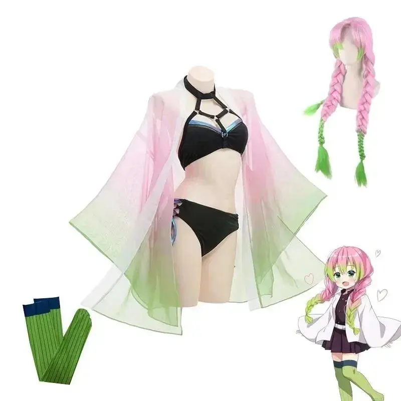 2025 Kanroji Mitsuri Sexy Beach Summer Bikini Swimsuit Cosplay Costume Women Swimsuit Wig Socks Full Sets