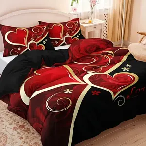 Valentine's Day Print Decorative Bedroom Theme Bedding Set, 100% Polyester Soft Breathable Fabric, All Seasons, Includes 1 Fitted Sheet + 2 Pillowcases