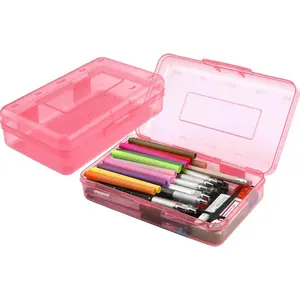 Large Capacity Clear Pencil Case 1 Pack Hard Pencil Case Clear Crayon Box with Snap-tight Lid Stackable Design Plastic Storage Box for Office Supplies Pink