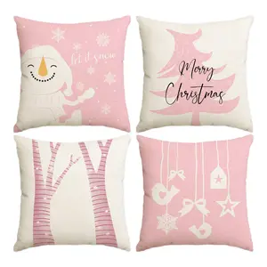 4pcs pink Christmas pillowcase, pink Christmas tree winter forest cushion cover, set of 4 18x18 inches, bird bow snowflake star single-sided printed pillow cover, winter farmhouse party decoration, Cushion Slipcovers (without pillow core)