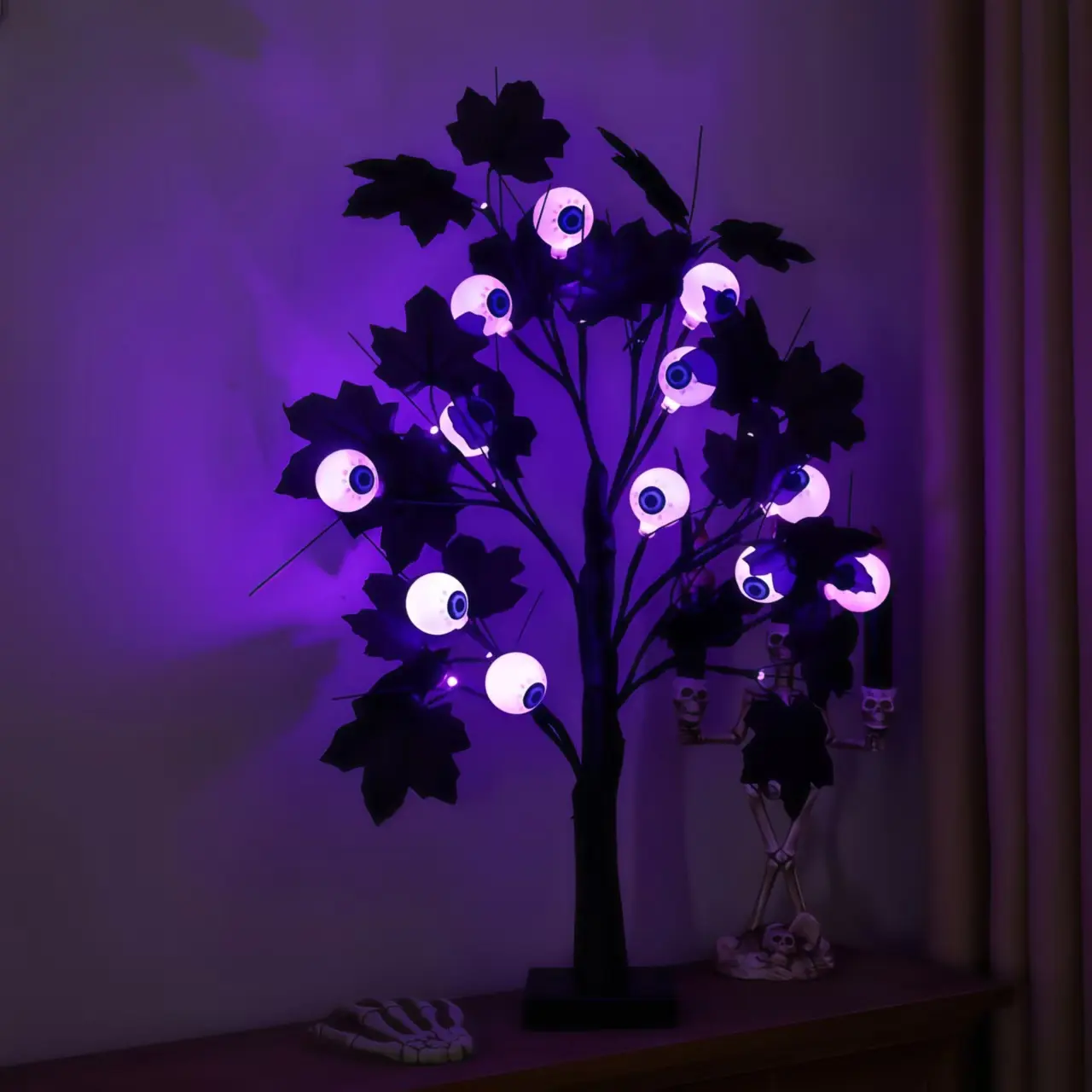 LERWAY 2PCS 24-in Spooky Black Eyeball Tree Lamp with Purple LEDs, USB/Battery Powered, ABS Material, Tabletop Home Decorations for Halloween Festive Supplies (Indoor Desk Centerpiece)