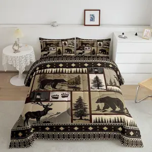 Bear and Deer Comforter Set Kids Western Farmhouse Lodge Bedding Set for Boys Girls Teens Adults,Wild Animal Duvet Quilt Breathable Soft Tree Room Decor