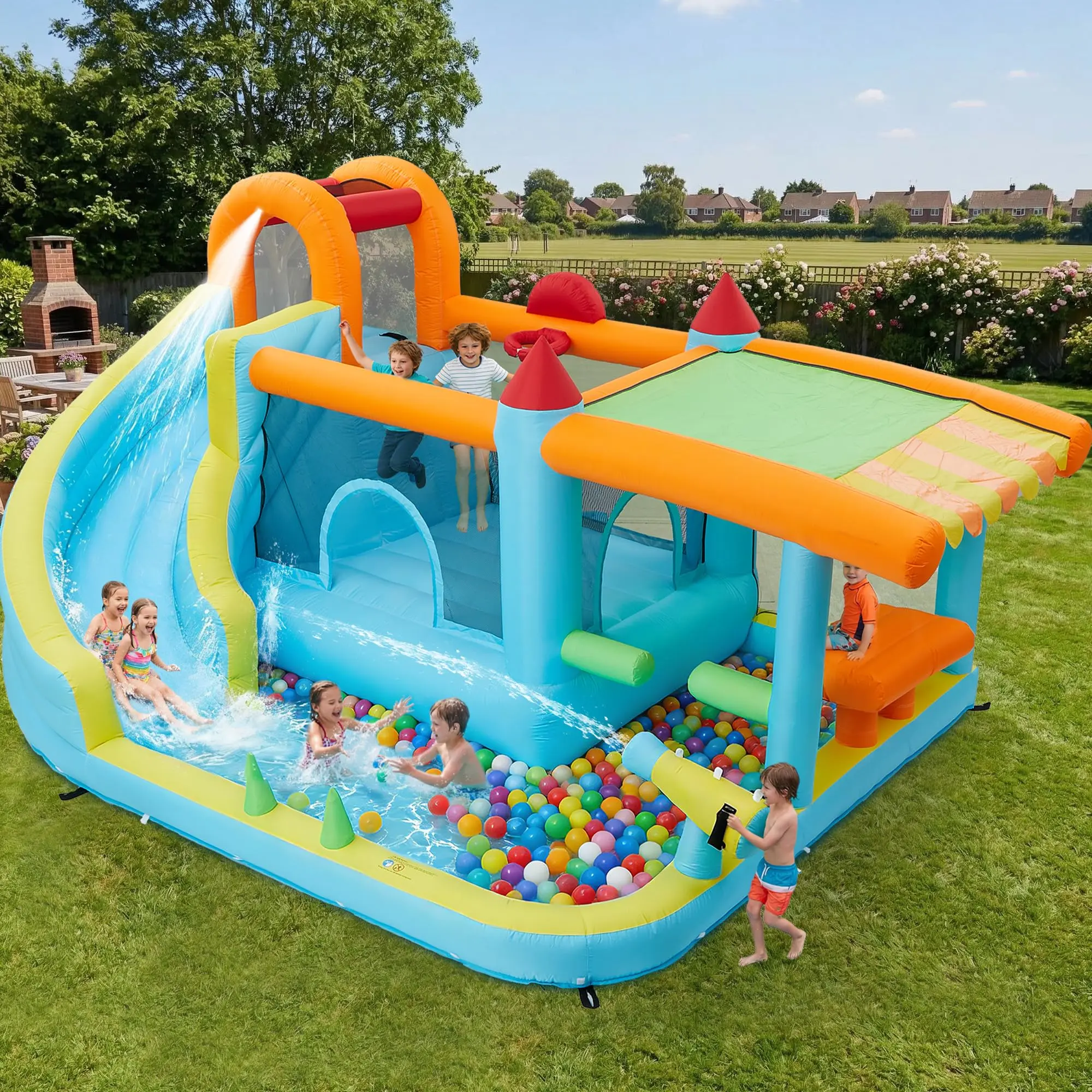Inflatable Bounce House 14x10 FT with Slide & Splash Pool, 12-in-1 Kids Jump Castle with 450W Blower for Backyard