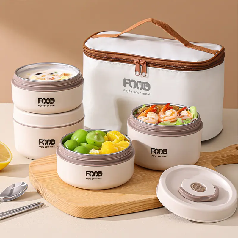 Stainless Steel Round Bowl with Lid Lunch Box Set - 2/3/4-Layer, 420ml/620ml, Leak-Proof, Bag-Insulated Carry, Compact Portable Bento Container, Bag+Box Together, for Office/Outdoor Use