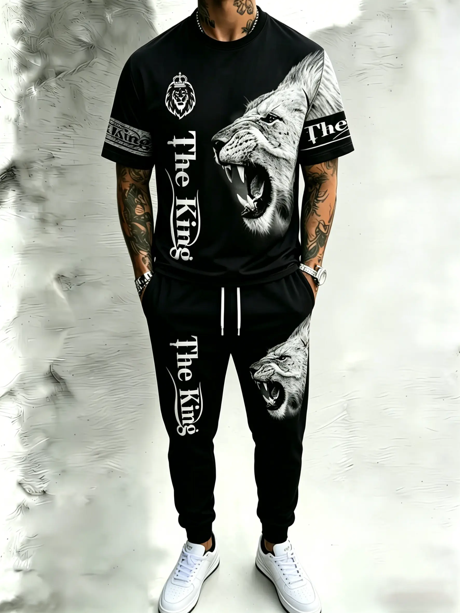 Men's 3D Lion Print Tracksuit, All-Season Polyester, Crew Neck T-Shirt & Matching Pants, Regular Fit, Stretchy Knit Sportswear