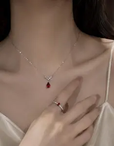 Elegant Red Drop Pendant Necklace and Ring Set for Women Fashion Jewelry