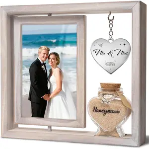 Wedding Gifts for Couples – 360 °   Rotating Double-Sided Picture Frame with Honeymoon Sand Keepsake Jar, Holds Two 4x6 Photos, Ideal for Bridal Shower, Mr & Mrs Engagement and Newlywed Gift Set (Mr&Mrs-White)