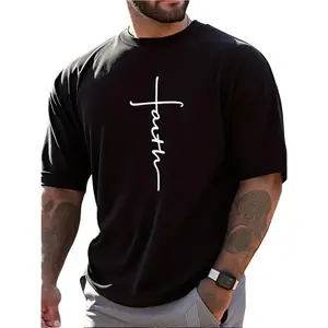 Men's Faith Cross Print Short Sleeve T-Shirt - 100% Cotton Loose Fit Casual Streetwear, Breathable Summer Essential for Daily & Outdoor Wear, Comfortable Street Style | Graphic Crew Neck Tee | Soft Natural Fabric