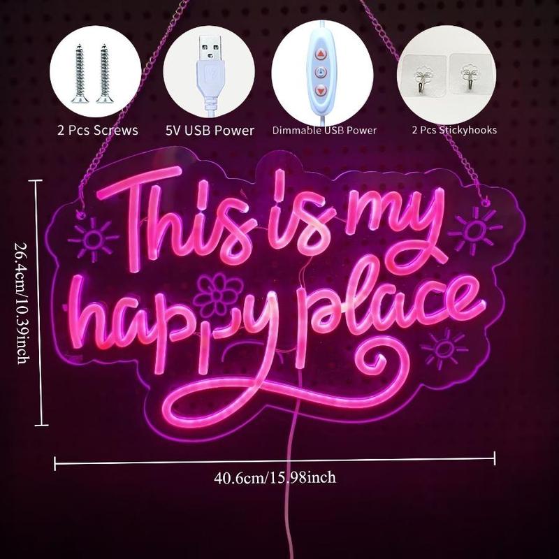 This is my happy place pink neon sign usb powered dimmable LED light sign, dimmable switch, birthday, christmas, thanksgiving, new year, housewarming gifts, family gathering, bar, game room, man cave, bedroom wall decoration