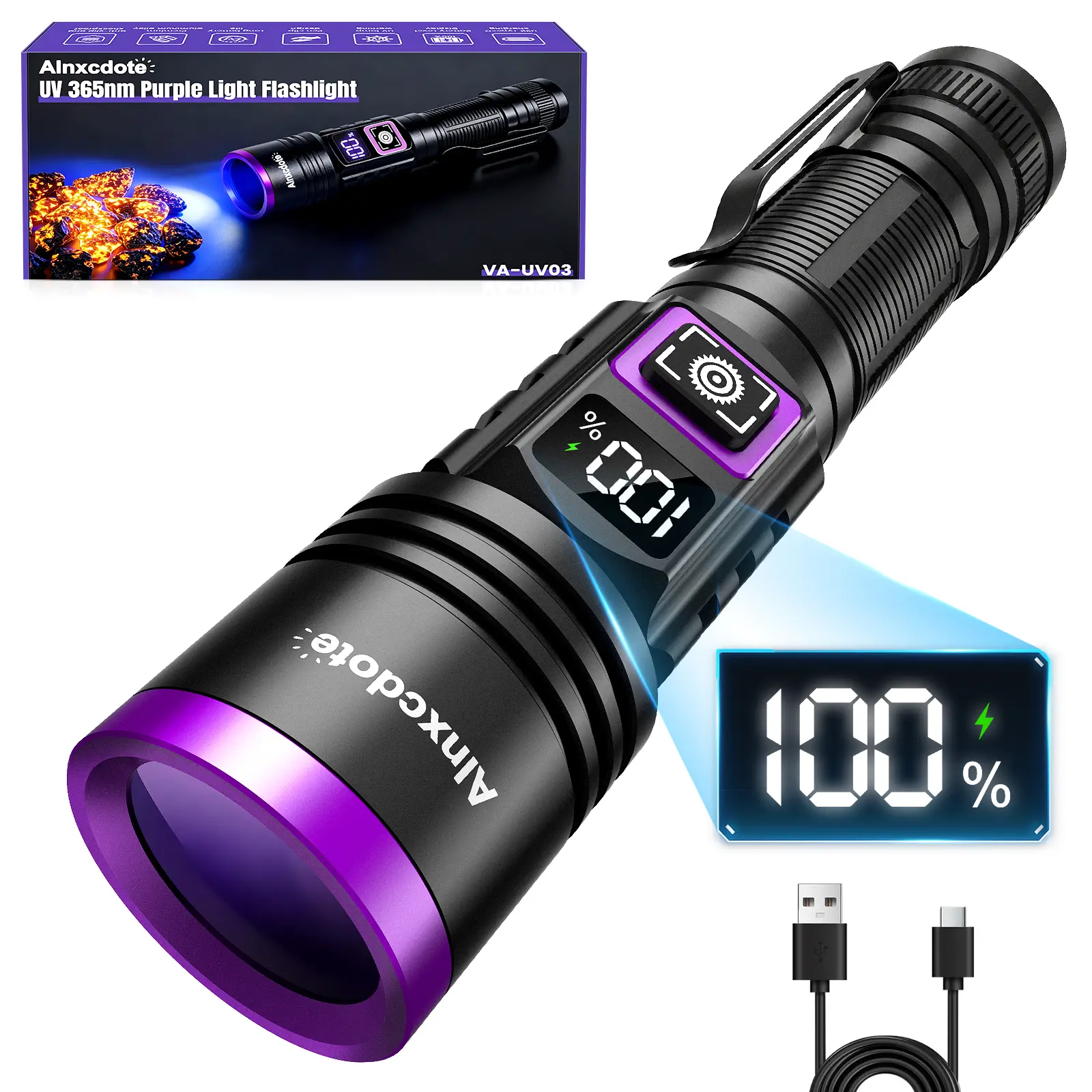 365nm UV Flashlight, 4-Core LED Black Light with Hardened Black Filter Lens, LCD Digital Power Display, Type-C Rechargeable Aluminum EDC Ultraviolet Torch for Automotive Repair, Pet Urine Detection