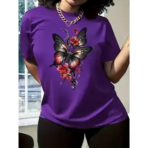 100% cotton, floral & butterfly pattern print + short sleeve + crew neck T-shirt, multiple colors available