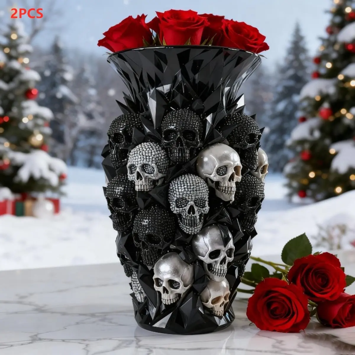 2PCS Black Skull Vase Decor, Decorative Vase, Vases Home Decor, Gothic Resin Planter Statues for Indoor Outdoor Home Decoration, Vintage Dark Style Ornaments for Living Room Bedroom Garden Halloween Christmas and Valentine Decor