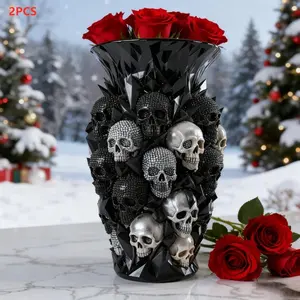 2PCS Black Skull Vase Decor, Gothic Resin Planter Statues for Indoor Outdoor Home Decoration, Vintage Dark Style Ornaments for Living Room Bedroom Garden Halloween Christmas and Valentine Decor