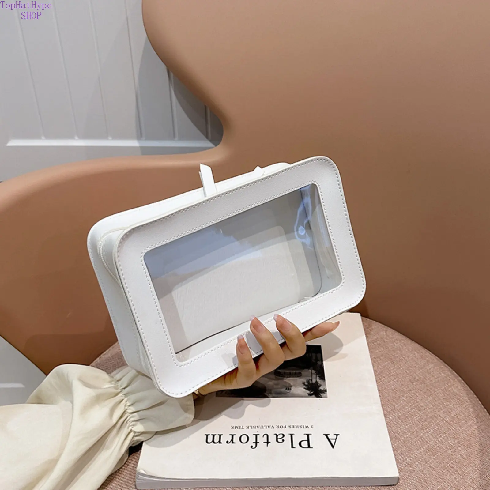 2026 New White Minimalist Clear Makeup Bag, Large Capacity Transparent Cosmetic Organizer, Luxury Stylish Portable Clutch Bag, Waterproof Lightweight Storage Pouch Perfect for Travel, Daily Makeup & Vacation