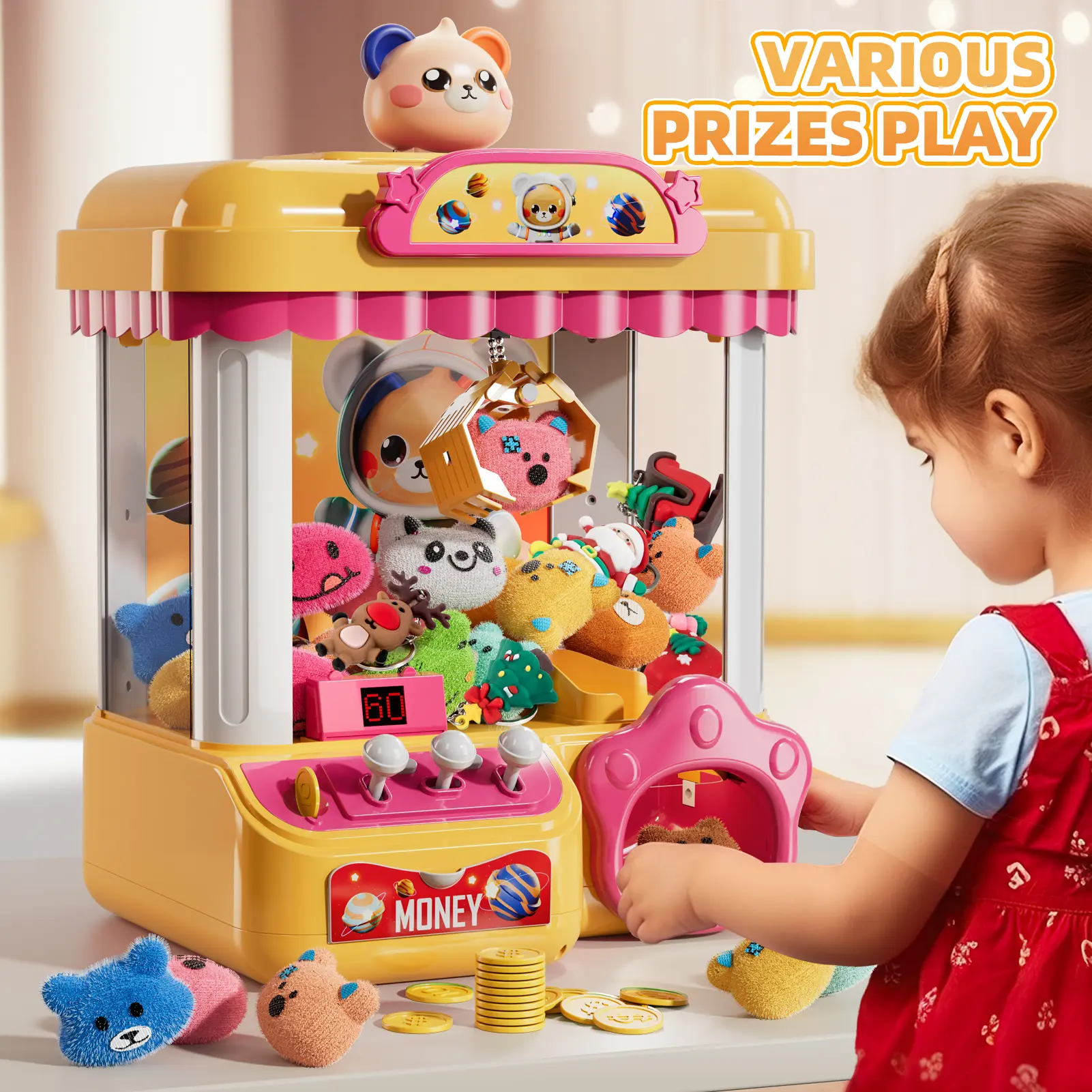 Children's mini claw machine for pretend play/selling toys, multifunctional desktop claw game with bright lights and lively background music, claw doll set for indoor leisure for boys and girls aged 3–8, fun parent–child interactive game props, ideal surp