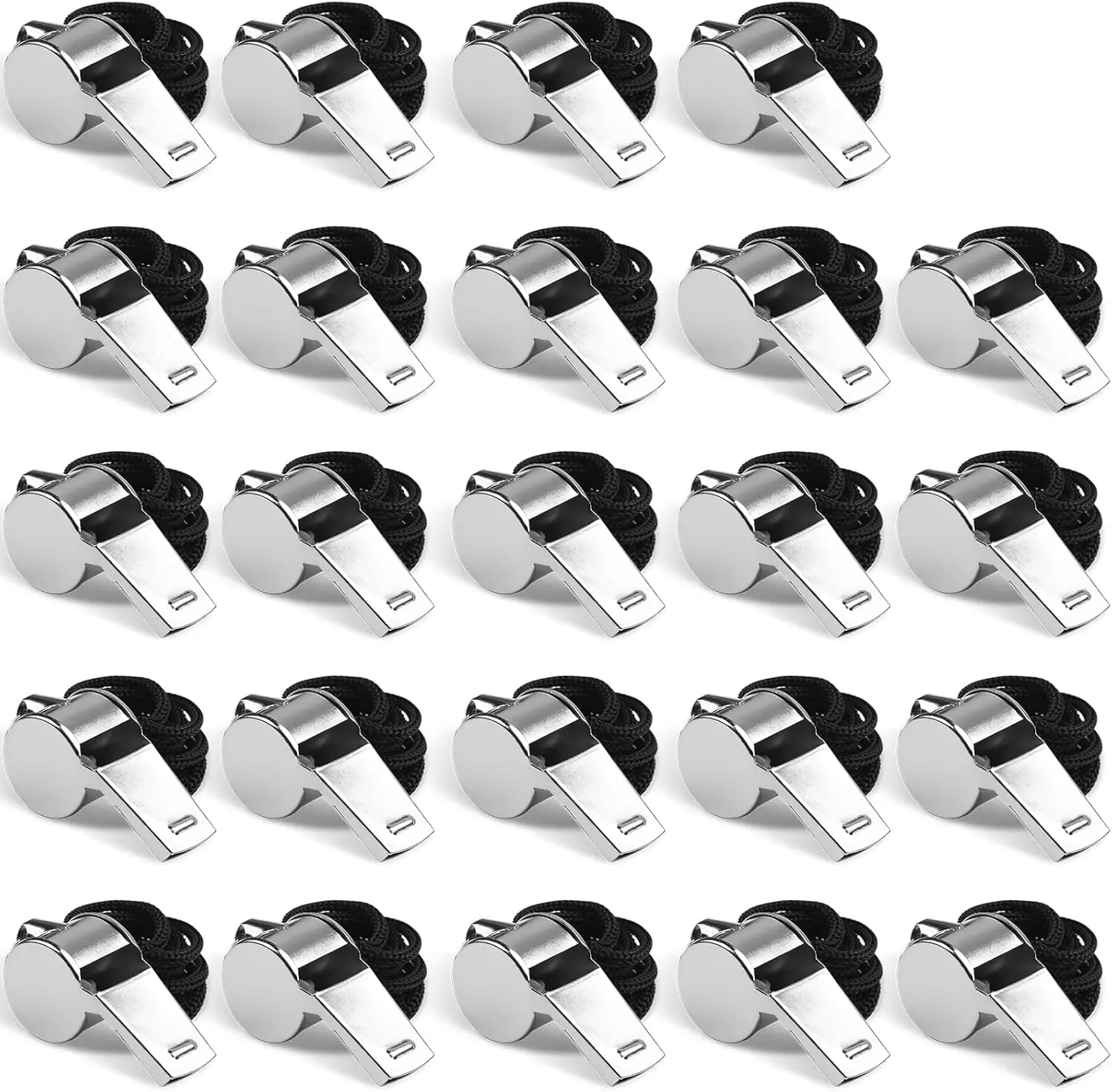 24-Pack Bulk Stainless Steel Whistles with Lanyards and Whistle Mouthpieces, Loud Professional Gear for Coaches and Referees, Whistle Mouthpiece