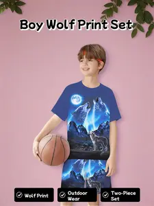 Boys' Set Moonlit Wolf Howl 3D Print Outdoor Natural Style Sports Casual Two-Piece Set, Slim-Fitting Short Pants