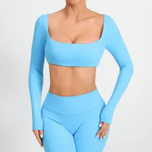Square-neck long-sleeve yoga top with chest pads, outdoor running fitness wear, quick-dry long-sleeve T-shirt sports top