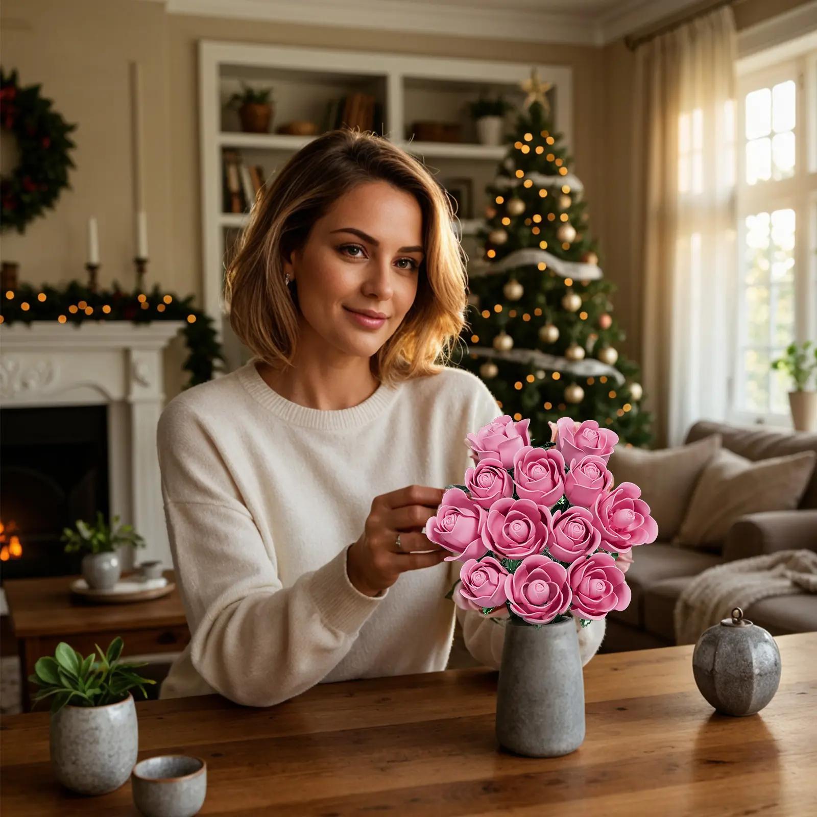 12-Stem Blooming Pink Rose Building Block Bouquet — DIY Assembly Kit for Adults — Deluxe Gift Box for Christmas & Valentine's Day — The Perfect Choice for Home & Office Decor model collectible metal easy assembly toy difficulty high brick