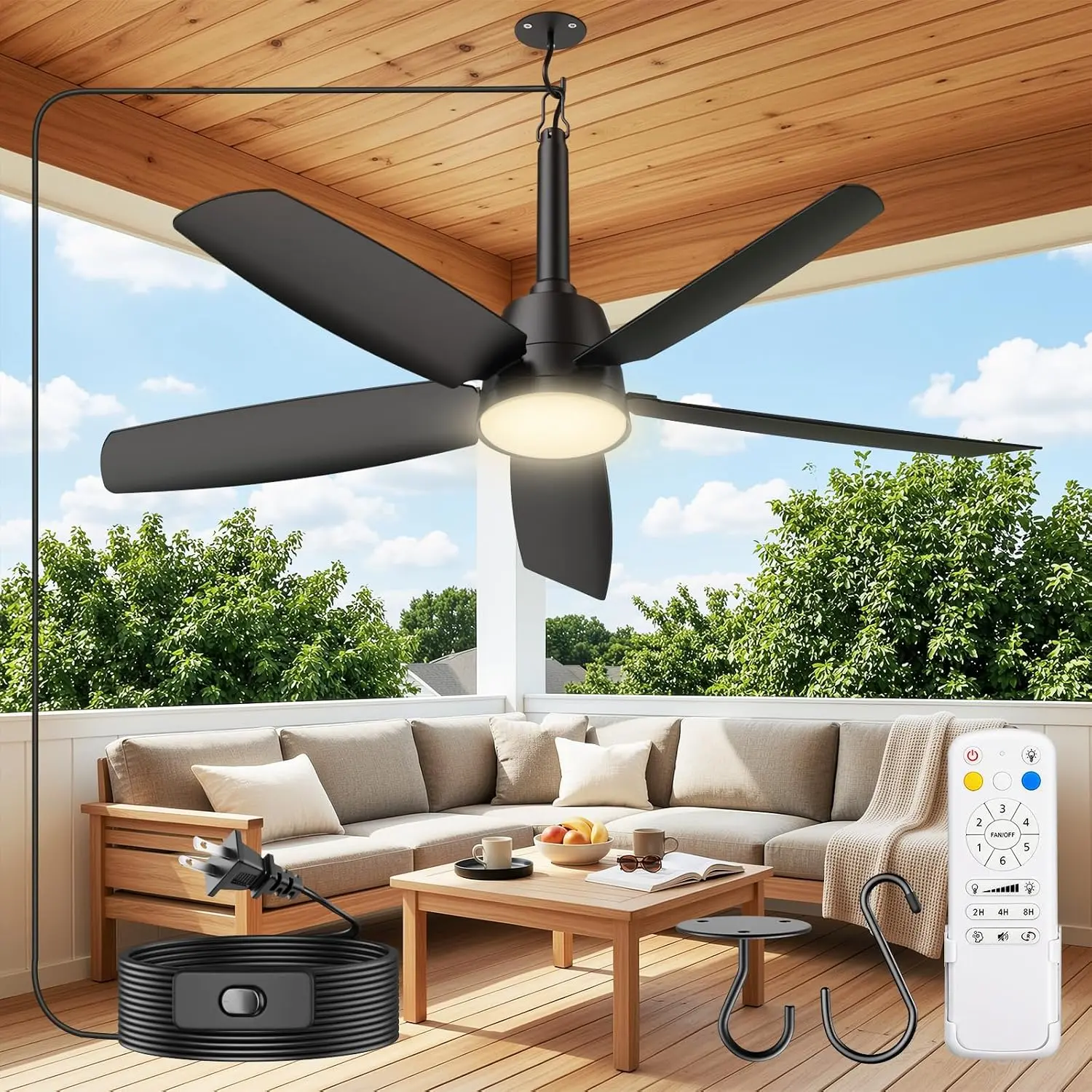36 Inch Outdoor Ceiling Fan with Light, Plug-in Ceiling Fan for Patio Gazebo Porch, Remote Control, Dimmable LED, 6 Speeds Remote Control, Reversible DC Motor, IP65 Waterproof Black summer Fan，Can be used both indoors and outdoors