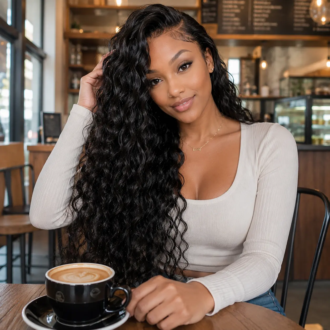 Women's 26-Inch Deep Wave Synthetic Lace Front Wig, Black Curly Hair with Natural Middle Part, Lightweight Soft Texture, Including Wig Cap, Comb & Headband