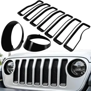 Front Grille Mesh Inserts & Headlight Cover for Jeep Wrangler JL JLU Unlimited Sport & Sport S 2018-2023 Exterior Accessories Clip-in Grille Guard Cover Headlight Bezels Trim Ring (Black 9PCS)