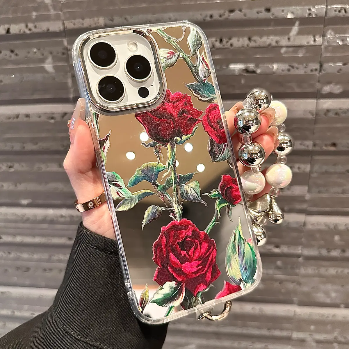 2-in-1 Mirror Phone Case, Red Rose Pattern Phone Case, Anti Drop Decorative Phone Protector, Cell Phone Accessories for iPhone 16 15 14 13 12 11 XS X and other series cases, can be used as a gift for friends or family members Cover Protection