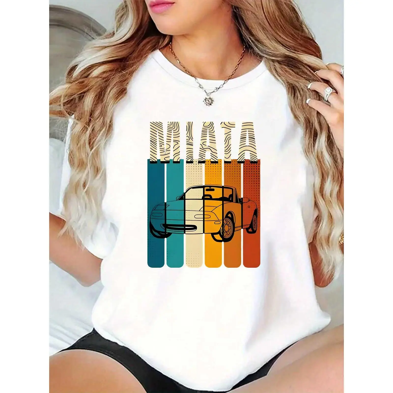 Women's Retro Miata Car Graphic T-Shirt, Vintage Striped Background Casual Short Sleeve Tee for Car Lovers, Daily & Casual Occasions, Skirts, Day, Comfortable, Elegant, Ladies, Essential