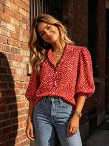 Women's Floral Shirt Style V Neck Bubble Sleeve Button Loose Fit Slimming Commuter Casual Top, All over Print Fashion Blouse