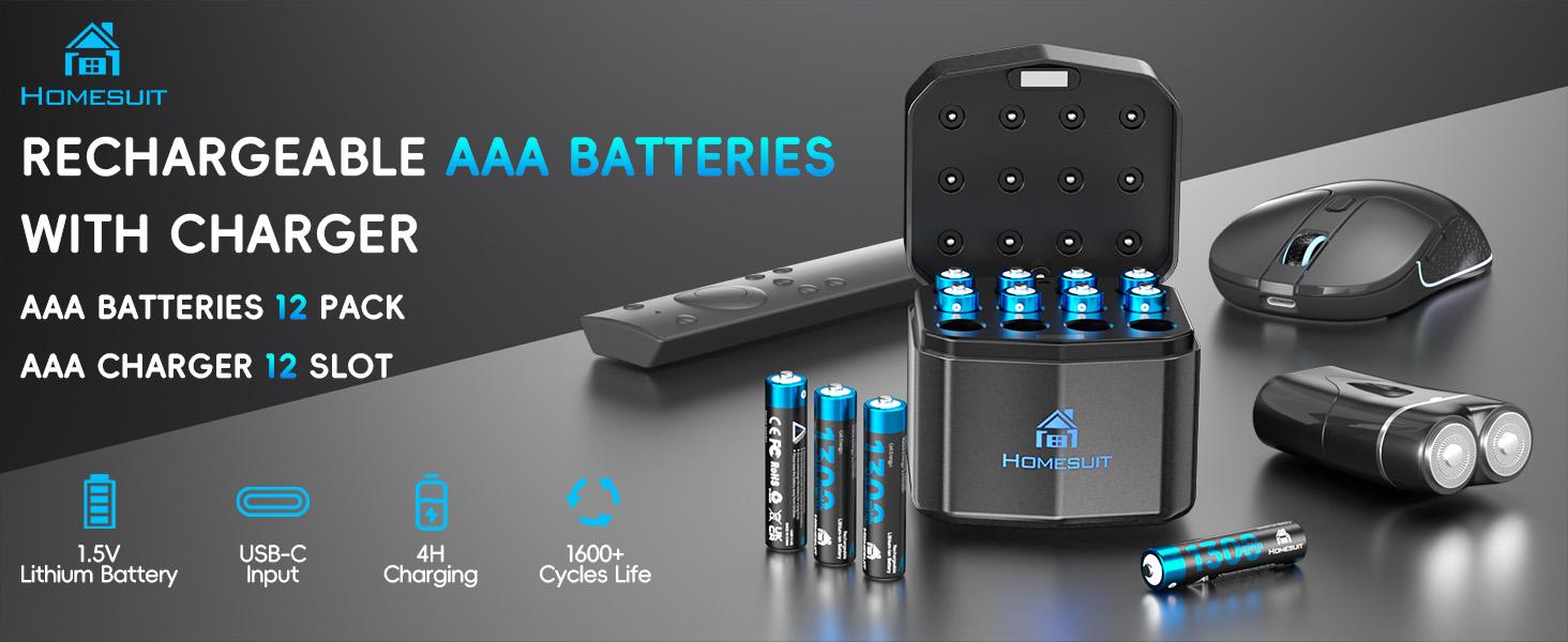 Homesuit Rechargeable AAA Batteries Lithium with Charger 12 Bay, 1300mwh Long-Lasting 1.5V Output Triple AAA Batteries Rechargeable 12 Pack up to 1600 Cycles
